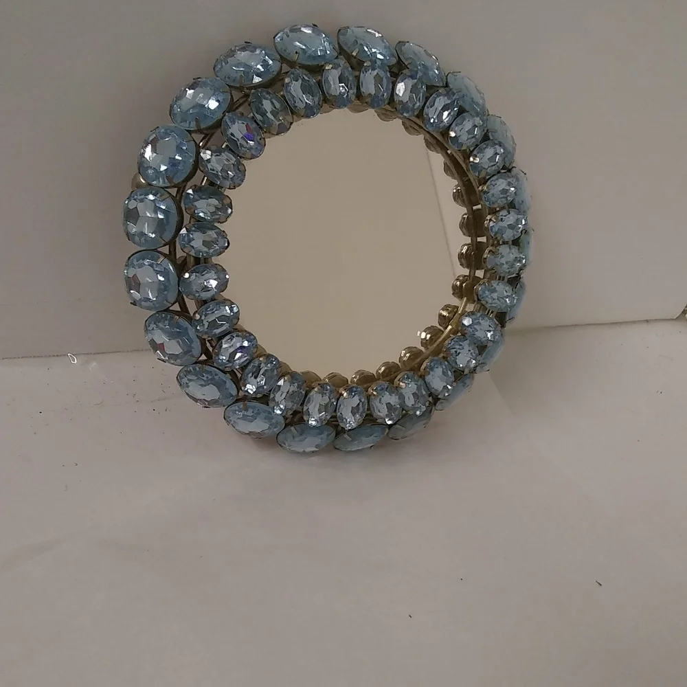 RARE Oval Lampe Berge Stand Mirror Framed Aquamarine Blue Topazl Rhinestone 5